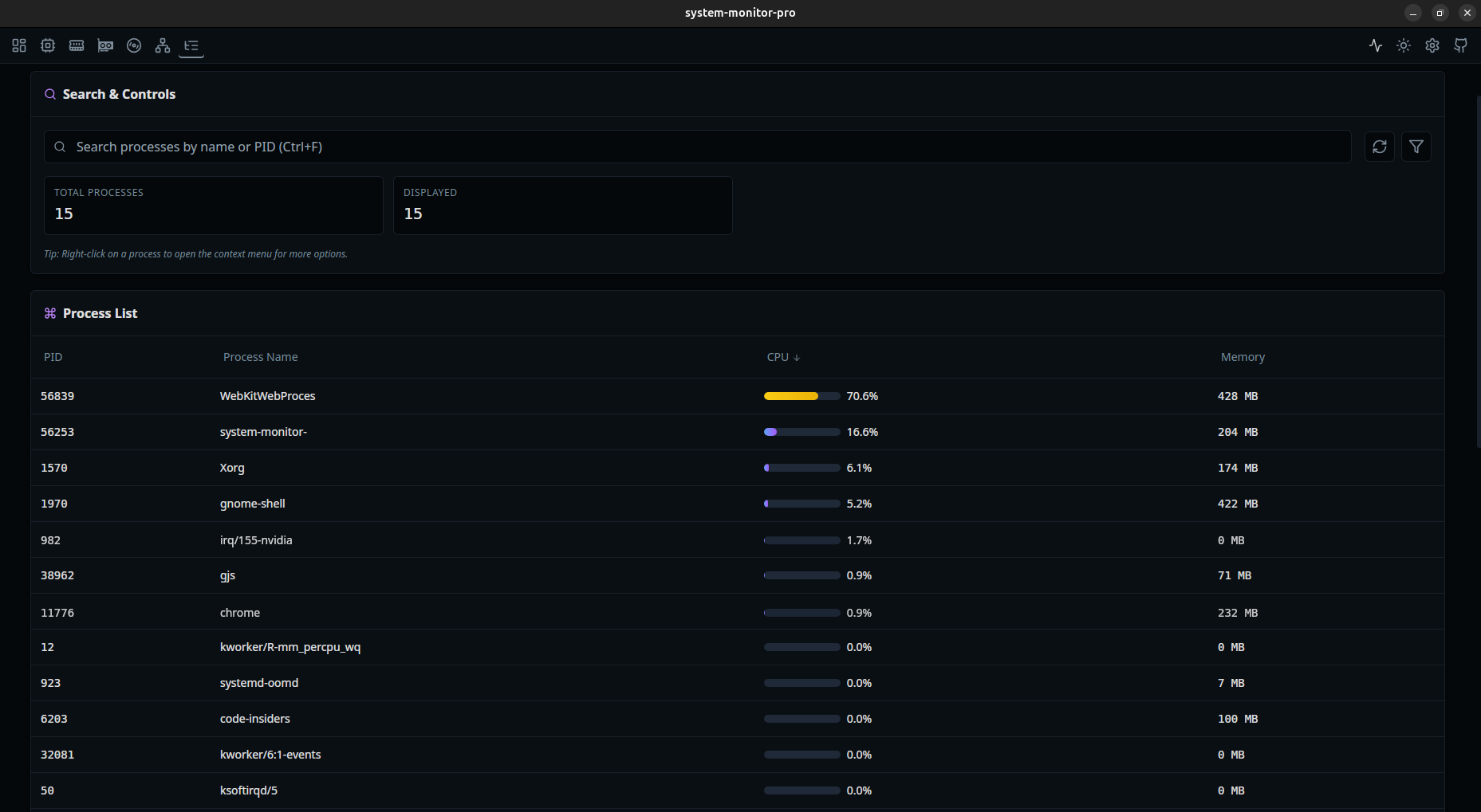 System Monitor Pro - Processes (Dark Mode)