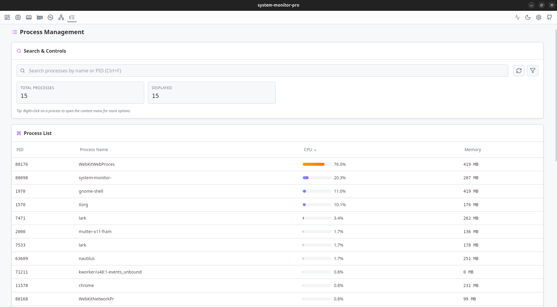 System Monitor Pro - Processes (Light Mode)